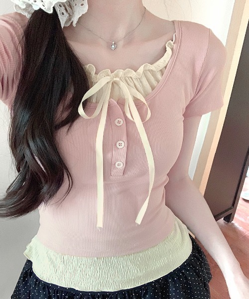REMUR(レミュール)の「フェイクレイヤード胸リボントップス 半袖(Tシャツ/カットソー・レディース・グレー/ブラック/ピンク/サックスブルー・FREE)」の14枚目の写真