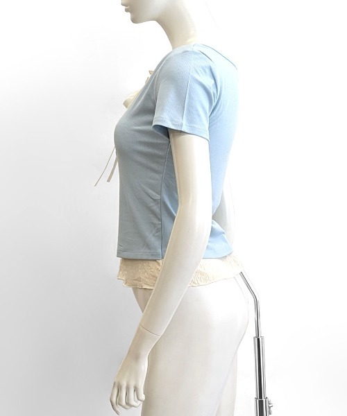 REMUR(レミュール)の「フェイクレイヤード胸リボントップス 半袖(Tシャツ/カットソー・レディース・グレー/ブラック/ピンク/サックスブルー・FREE)」の11枚目の写真