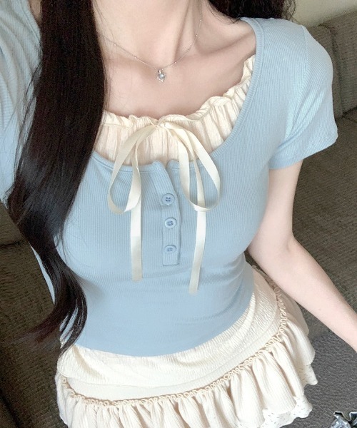 REMUR(レミュール)の「フェイクレイヤード胸リボントップス 半袖(Tシャツ/カットソー・レディース・グレー/ブラック/ピンク/サックスブルー・FREE)」の20枚目の写真