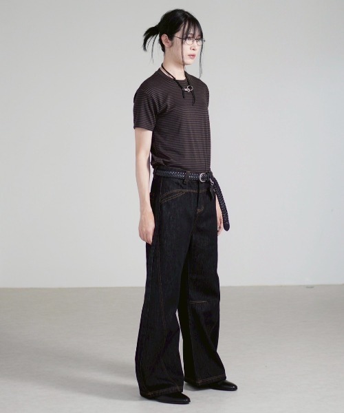 Chikashitsu +（チカシツプラス）の「【Chikashitsu +】lilting stitch curve denim pants / 【チカシツプラス】リルティングステッチカーブデニムパンツ（デニムパンツ・メンズ・ブラック・L/S/M）」の7枚目の写真