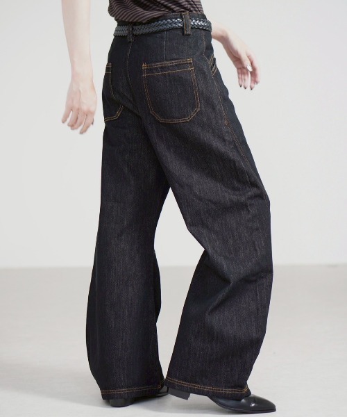 Chikashitsu +】lilting stitch curve denim pants
