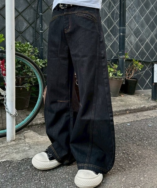デニム・ジーパン HUECLOSET stitch denim Pants Chikashitsu +】lilting stitch curve denim pants