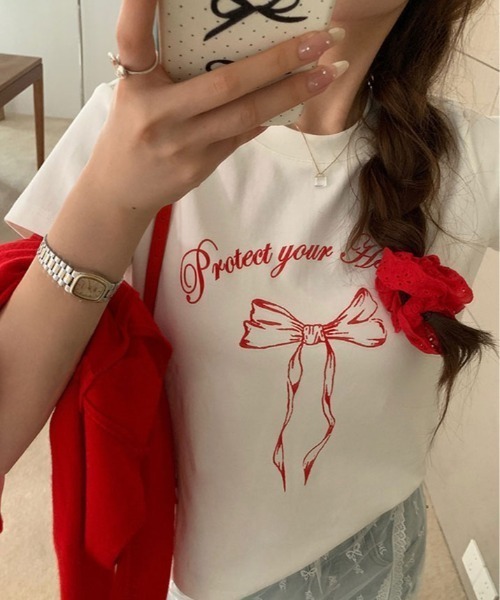kirakiraShop(キラキラショップ)の「リボン プリント Tシャツ 半袖(Tシャツ/カットソー・レディース・ブラック/ホワイト・M/L)」の1枚目の写真