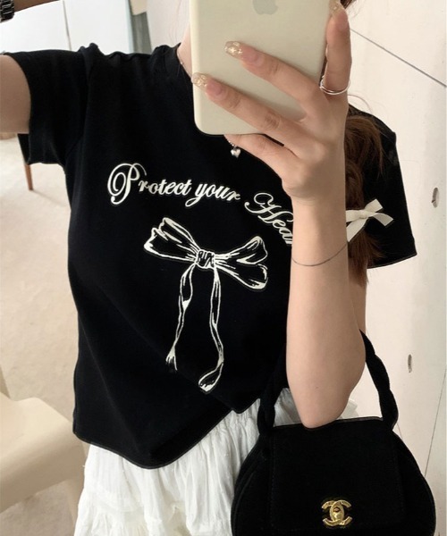 kirakiraShop(キラキラショップ)の「リボン プリント Tシャツ 半袖(Tシャツ/カットソー・レディース・ブラック/ホワイト・M/L)」の2枚目の写真