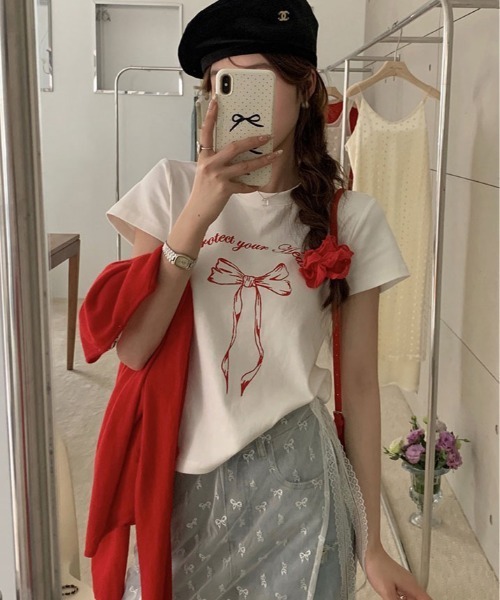 kirakiraShop(キラキラショップ)の「リボン プリント Tシャツ 半袖(Tシャツ/カットソー・レディース・ブラック/ホワイト・M/L)」の4枚目の写真
