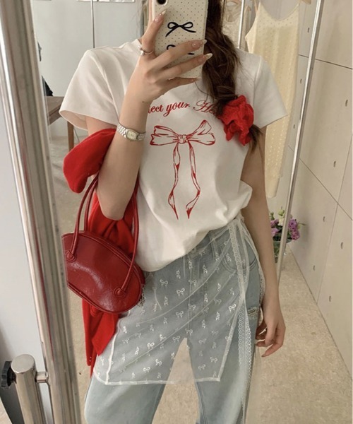 kirakiraShop(キラキラショップ)の「リボン プリント Tシャツ 半袖(Tシャツ/カットソー・レディース・ブラック/ホワイト・M/L)」の5枚目の写真