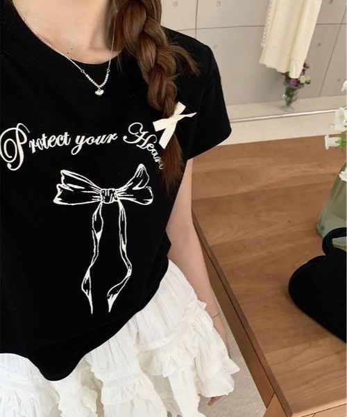kirakiraShop(キラキラショップ)の「リボン プリント Tシャツ 半袖(Tシャツ/カットソー・レディース・ブラック/ホワイト・M/L)」の7枚目の写真