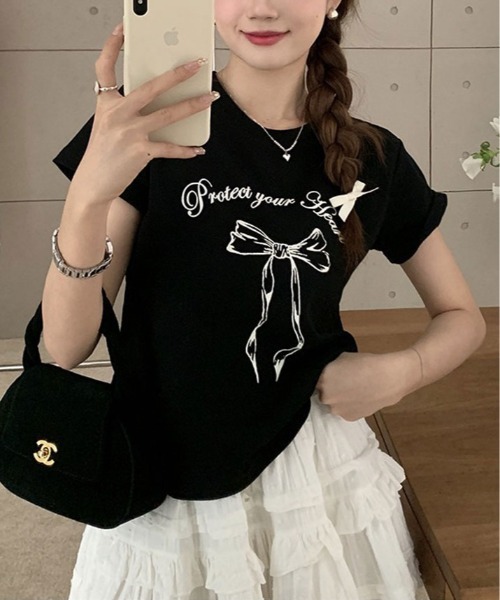 kirakiraShop(キラキラショップ)の「リボン プリント Tシャツ 半袖(Tシャツ/カットソー・レディース・ブラック/ホワイト・M/L)」の8枚目の写真