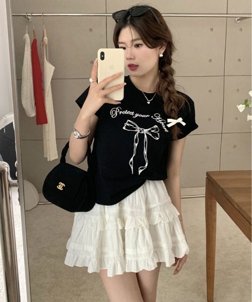 kirakiraShop(キラキラショップ)の「リボン プリント Tシャツ 半袖(Tシャツ/カットソー・レディース・ブラック/ホワイト・M/L)」の9枚目の写真