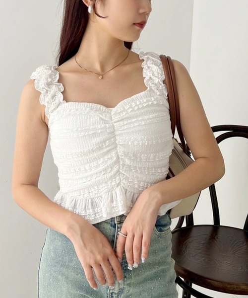 one after another NICE CLAUP(ワンアフターアナザーナイスクラップ)の「カップ付きレースビスチェ(タンクトップ・レディース・オフホワイト/ブラック/サックスブルー・FREE)」の2枚目の写真