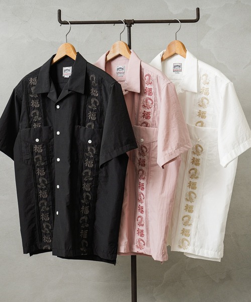 HOUSTON(ヒューストン)の「HOUSTON ヒューストン 41219 EMB CUBA SHIRT(福)キューバシャツ(シャツ/ブラウス・メンズ・オフホワイト/ブラック/ピンク・M/L/XL/XXL)」の4枚目の写真