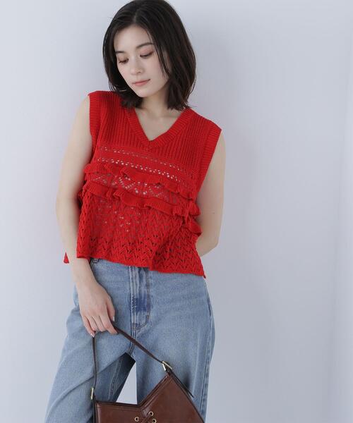 NATURAL BEAUTY BASIC(ナチュラルビューティーベーシック)の「◇透かし編みフリルニット(ニット/セーター・レディース・レッド/オフホワイト/ブラック・FREE)」の3枚目の写真