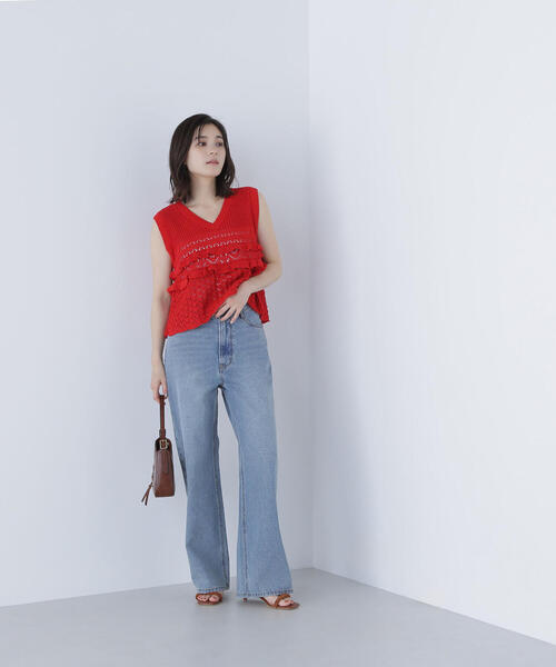 NATURAL BEAUTY BASIC(ナチュラルビューティーベーシック)の「◇透かし編みフリルニット(ニット/セーター・レディース・レッド/オフホワイト/ブラック・FREE)」の7枚目の写真