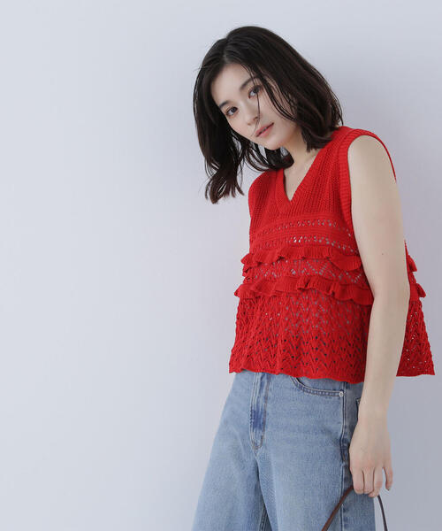 NATURAL BEAUTY BASIC(ナチュラルビューティーベーシック)の「◇透かし編みフリルニット(ニット/セーター・レディース・レッド/オフホワイト/ブラック・FREE)」の8枚目の写真
