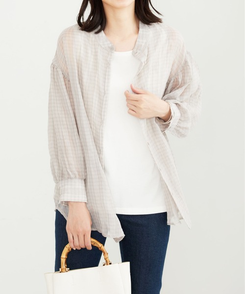 BELLUNA PLUS（ベルーナ）の「シアーチェック素材シャツチュニック（チュニック・レディース・ライトグレー/ダークブラウン・LARGE/X-LARGE/MEDIUM）」の3枚目の写真