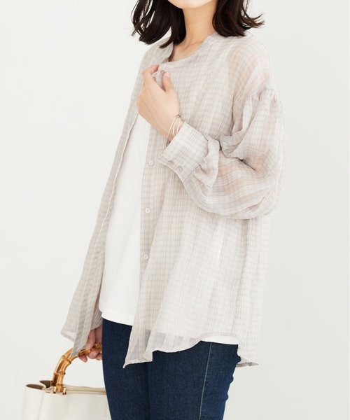 BELLUNA PLUS（ベルーナ）の「シアーチェック素材シャツチュニック（チュニック・レディース・ライトグレー/ダークブラウン・LARGE/X-LARGE/MEDIUM）」の4枚目の写真