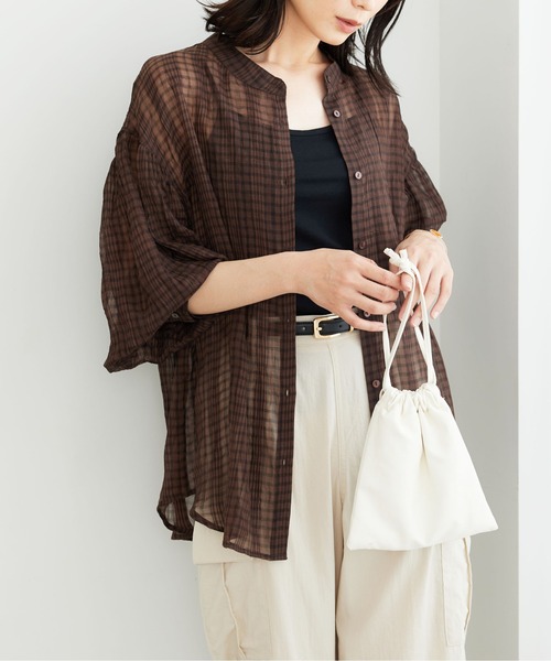 BELLUNA PLUS（ベルーナ）の「シアーチェック素材シャツチュニック（チュニック・レディース・ライトグレー/ダークブラウン・LARGE/X-LARGE/MEDIUM）」の10枚目の写真