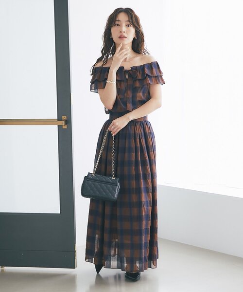 La boutique BonBon チェック２WAYフリルオフショルブラウス セール】【セットアップ可】シアーオンブレーチェック2WAY