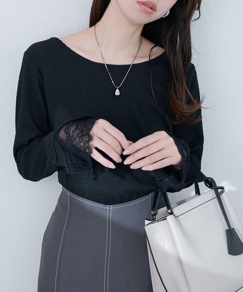 natural couture(ナチュラルクチュール)の「【WEB限定】レース袖切り替えカットソー(Tシャツ/カットソー・レディース・チャコールグレー/オフホワイト/ブラック/ピンク系その他/ボルドー/ブルー・FREE)」の8枚目の写真