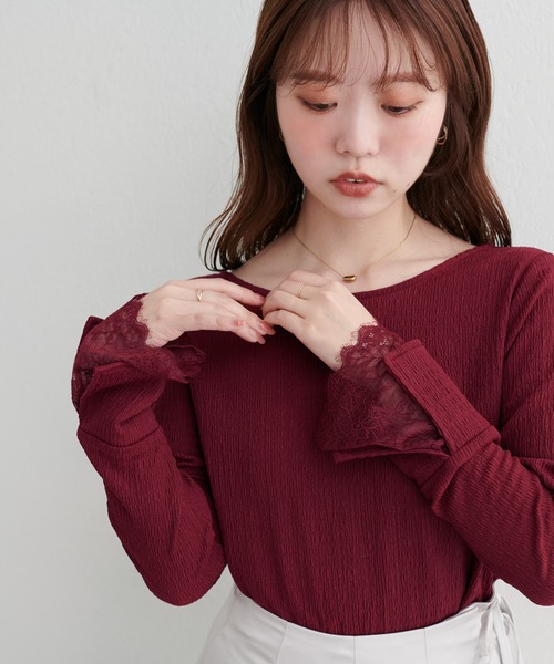 natural couture(ナチュラルクチュール)の「【WEB限定】レース袖切り替えカットソー(Tシャツ/カットソー・レディース・チャコールグレー/オフホワイト/ブラック/ピンク系その他/ボルドー/ブルー・FREE)」の12枚目の写真
