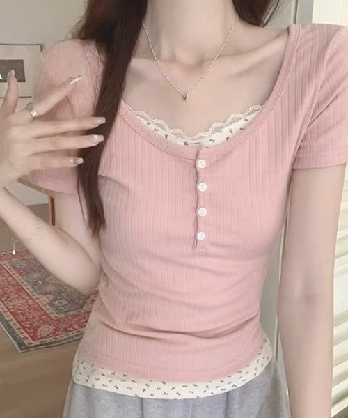 frunco（フランコ）の「小花柄レイヤーTシャツ（Tシャツ/カットソー・レディース・アイボリー/グリーン/ブルー/ピンク/ネイビー・ONE SIZE）」の5枚目の写真