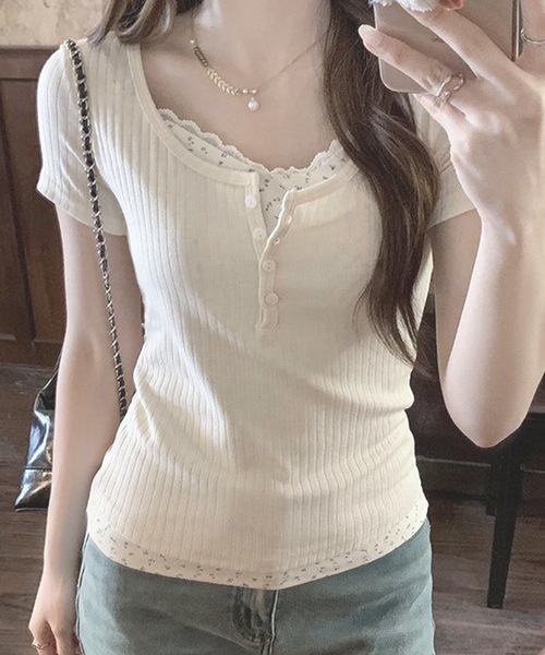 frunco（フランコ）の「小花柄レイヤーTシャツ（Tシャツ/カットソー・レディース・アイボリー/グリーン/ブルー/ピンク/ネイビー・ONE SIZE）」の2枚目の写真