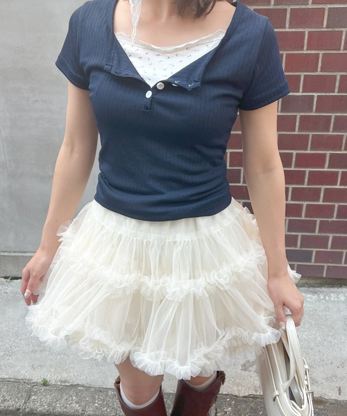 frunco（フランコ）の「小花柄レイヤーTシャツ（Tシャツ/カットソー・レディース・アイボリー/グリーン/ブルー/ピンク/ネイビー・ONE SIZE）」の20枚目の写真