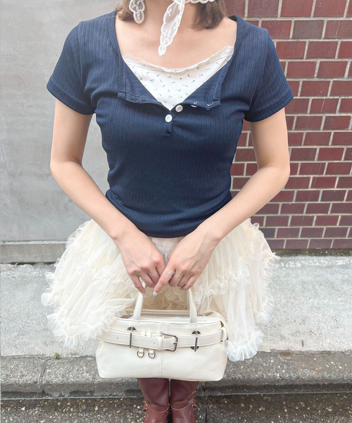 frunco（フランコ）の「小花柄レイヤーTシャツ（Tシャツ/カットソー・レディース・アイボリー/グリーン/ブルー/ピンク/ネイビー・ONE SIZE）」の21枚目の写真