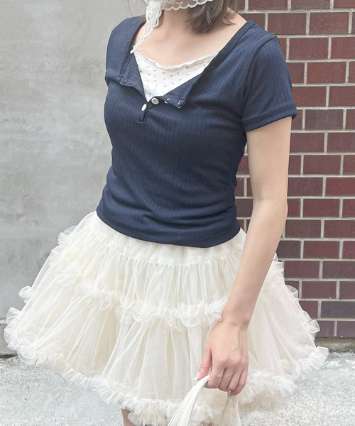 frunco（フランコ）の「小花柄レイヤーTシャツ（Tシャツ/カットソー・レディース・アイボリー/グリーン/ブルー/ピンク/ネイビー・ONE SIZE）」の22枚目の写真