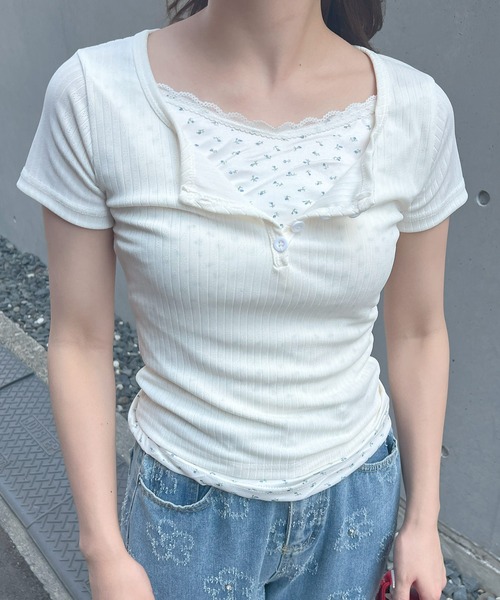 frunco（フランコ）の「小花柄レイヤーTシャツ（Tシャツ/カットソー・レディース・アイボリー/グリーン/ブルー/ピンク/ネイビー・ONE SIZE）」の18枚目の写真