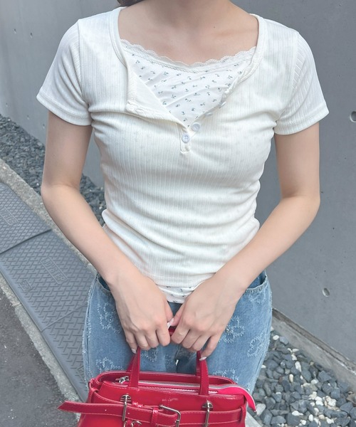 frunco（フランコ）の「小花柄レイヤーTシャツ（Tシャツ/カットソー・レディース・アイボリー/グリーン/ブルー/ピンク/ネイビー・ONE SIZE）」の19枚目の写真