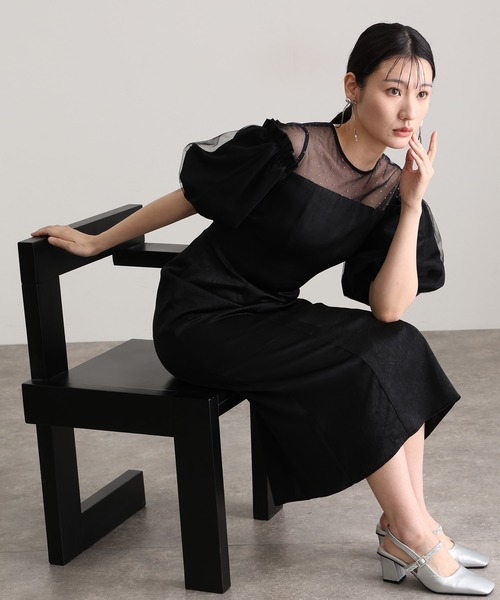 atlo(アトロ)の「ミモレ丈&袖あり フォーマル ヴィンテージ風サテン Iライン ラメドット チュール セレモニー 結婚式 二次会 パーティー ドレス オケージョンドレス お呼ばれ 同窓会 成人式 (ドレス・レディース・キャメル/ダークブラウン/ブラック・L/M)」の7枚目の写真