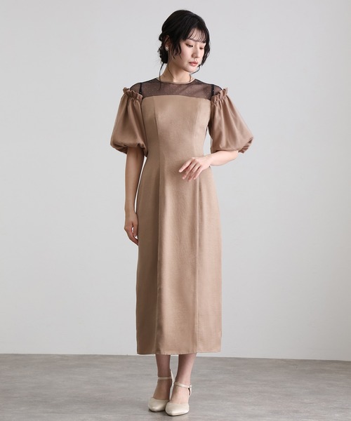 atlo(アトロ)の「ミモレ丈&袖あり フォーマル ヴィンテージ風サテン Iライン ラメドット チュール セレモニー 結婚式 二次会 パーティー ドレス オケージョンドレス お呼ばれ 同窓会 成人式 (ドレス・レディース・キャメル/ダークブラウン/ブラック・L/M)」の10枚目の写真