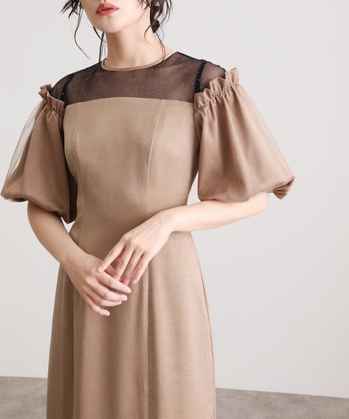 atlo(アトロ)の「ミモレ丈&袖あり フォーマル ヴィンテージ風サテン Iライン ラメドット チュール セレモニー 結婚式 二次会 パーティー ドレス オケージョンドレス お呼ばれ 同窓会 成人式 (ドレス・レディース・キャメル/ダークブラウン/ブラック・L/M)」の13枚目の写真