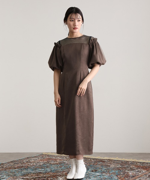 atlo(アトロ)の「ミモレ丈&袖あり フォーマル ヴィンテージ風サテン Iライン ラメドット チュール セレモニー 結婚式 二次会 パーティー ドレス オケージョンドレス お呼ばれ 同窓会 成人式 (ドレス・レディース・キャメル/ダークブラウン/ブラック・L/M)」の22枚目の写真