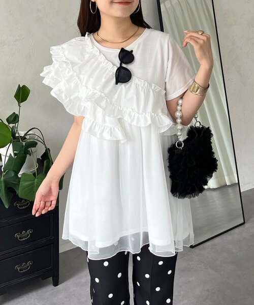tシャツ ななめフリルチュールドッキングペプラムTシャツ レディース ななめフリルチュールドッキングペプラムTシャツ（Tシャツ