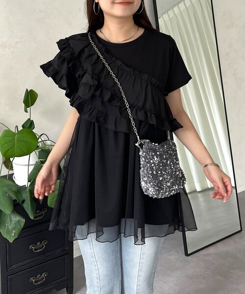 tシャツ ななめフリルチュールドッキングペプラムTシャツ レディース ななめフリルチュールドッキングペプラムTシャツ（Tシャツ