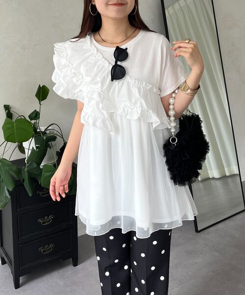 prose verse（プロズヴェール）の「ななめフリルチュールドッキングペプラムTシャツ（Tシャツ/カットソー・レディース・オフホワイト/ブラック・LARGE/MEDIUM）」の5枚目の写真