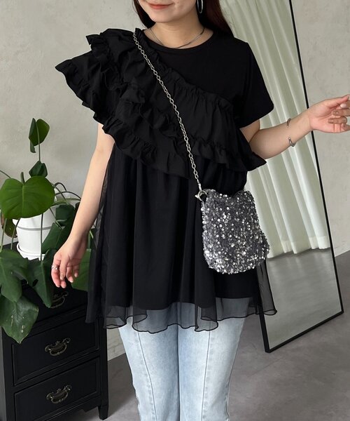 prose verse（プロズヴェール）の「ななめフリルチュールドッキングペプラムTシャツ（Tシャツ/カットソー・レディース・オフホワイト/ブラック・LARGE/MEDIUM）」の14枚目の写真