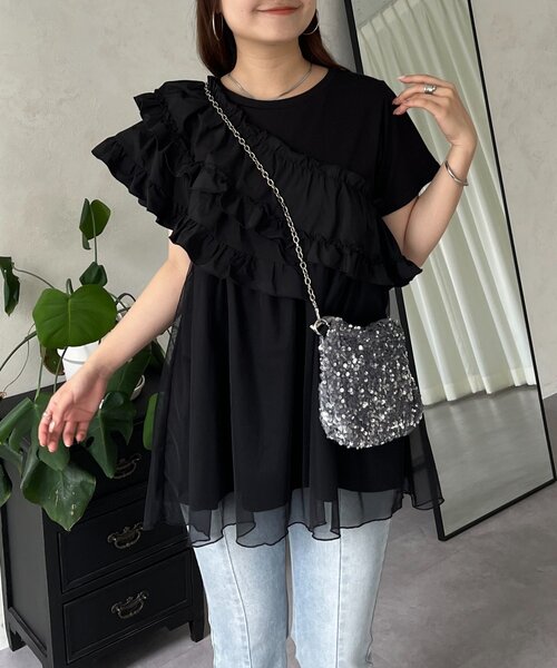 prose verse（プロズヴェール）の「ななめフリルチュールドッキングペプラムTシャツ（Tシャツ/カットソー・レディース・オフホワイト/ブラック・LARGE/MEDIUM）」の15枚目の写真