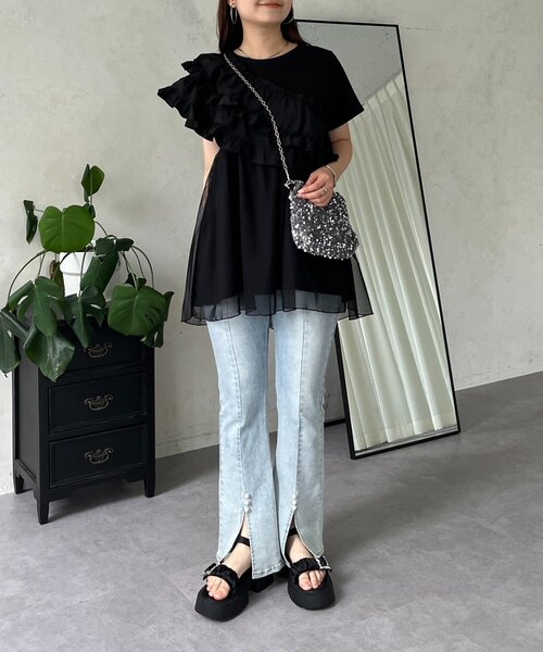 prose verse（プロズヴェール）の「ななめフリルチュールドッキングペプラムTシャツ（Tシャツ/カットソー・レディース・オフホワイト/ブラック・LARGE/MEDIUM）」の16枚目の写真