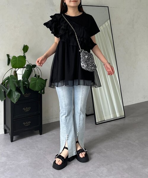 tシャツ ななめフリルチュールドッキングペプラムTシャツ レディース ななめフリルチュールドッキングペプラムTシャツ（Tシャツ