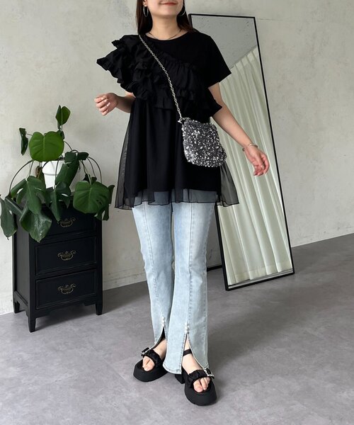 prose verse（プロズヴェール）の「ななめフリルチュールドッキングペプラムTシャツ（Tシャツ/カットソー・レディース・オフホワイト/ブラック・LARGE/MEDIUM）」の13枚目の写真