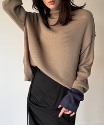 配色デザインハイネックリブニット