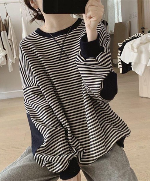 cammie（キャミー）の「パッチ袖ボーダートップス（スウェット・レディース・ネイビー/マスタード/ダークブラウン・LARGE/MEDIUM）」の2枚目の写真