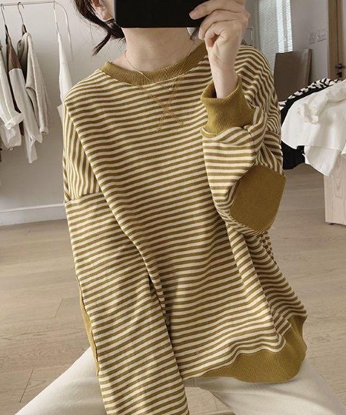 cammie（キャミー）の「パッチ袖ボーダートップス（スウェット・レディース・ネイビー/マスタード/ダークブラウン・LARGE/MEDIUM）」の3枚目の写真