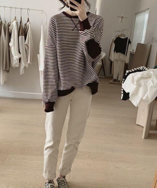 cammie（キャミー）の「パッチ袖ボーダートップス（スウェット・レディース・ネイビー/マスタード/ダークブラウン・LARGE/MEDIUM）」の5枚目の写真