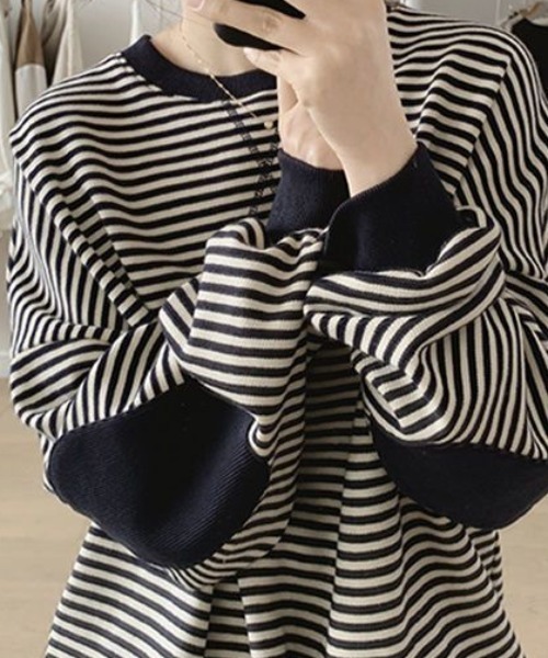 cammie（キャミー）の「パッチ袖ボーダートップス（スウェット・レディース・ネイビー/マスタード/ダークブラウン・LARGE/MEDIUM）」の10枚目の写真