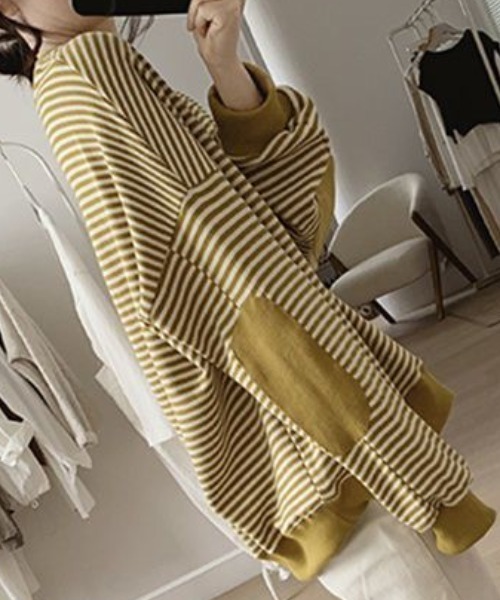 cammie（キャミー）の「パッチ袖ボーダートップス（スウェット・レディース・ネイビー/マスタード/ダークブラウン・LARGE/MEDIUM）」の16枚目の写真