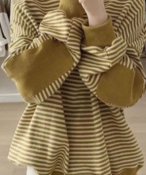 cammie（キャミー）の「パッチ袖ボーダートップス（スウェット・レディース・ネイビー/マスタード/ダークブラウン・LARGE/MEDIUM）」の14枚目の写真